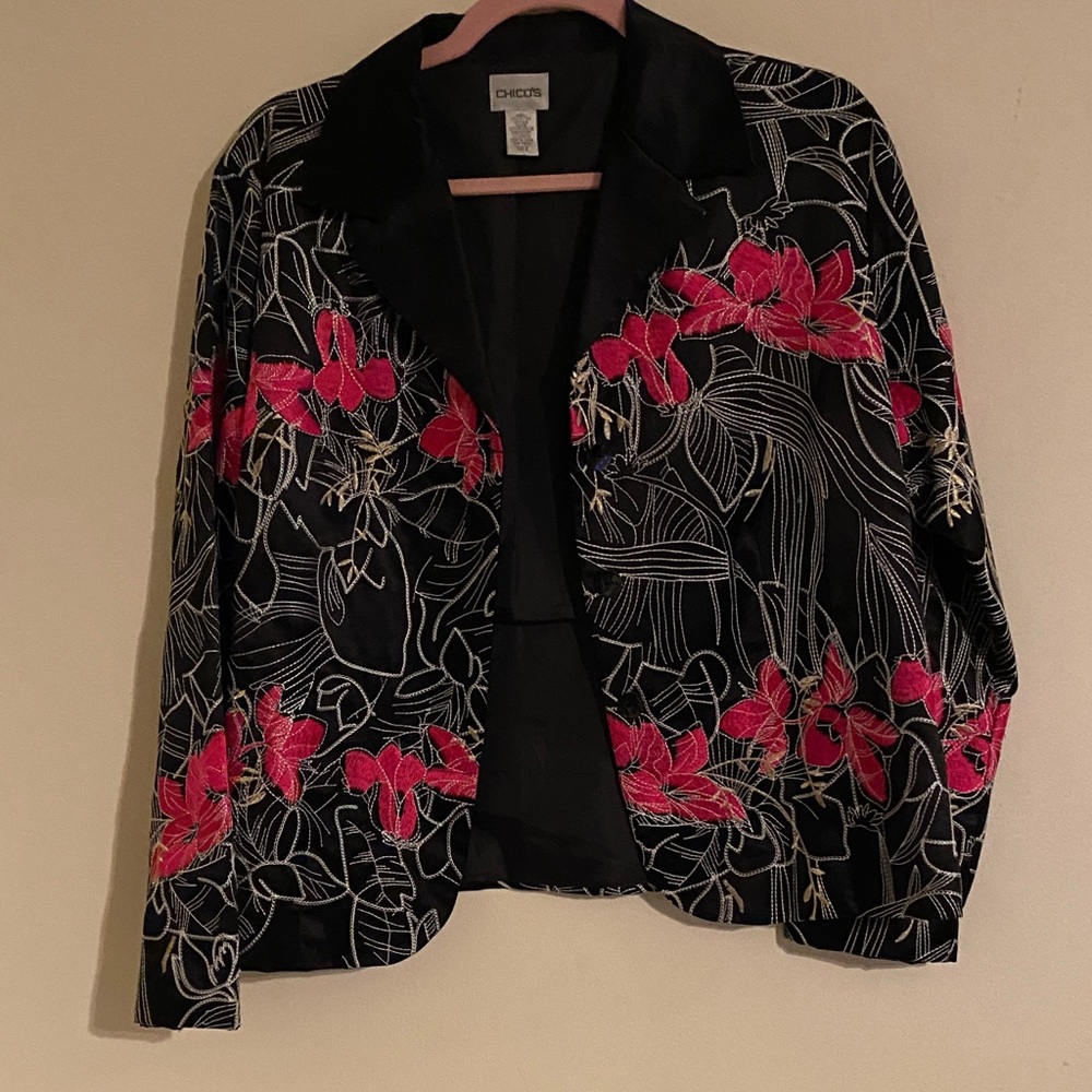 Chico's Vibrant Cotton/Silk Floral Embroidered Women's Blazer